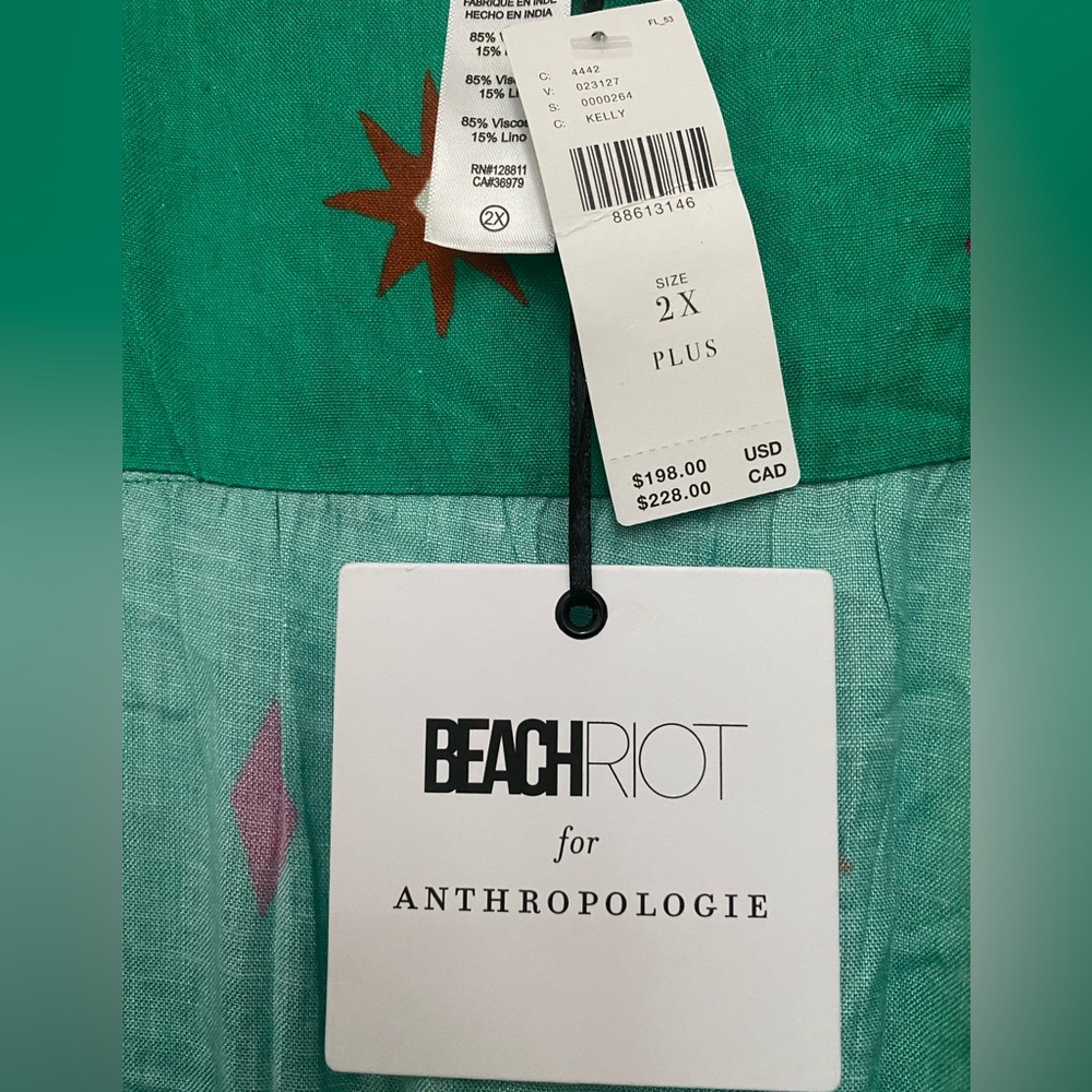 Anthropologie Green Midi Dress with Pink & White Motif - Picture 12 of 14